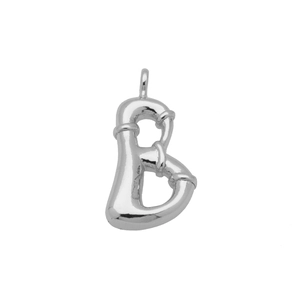 Macro detail of silver bubble style alphabet B pendant with polished metallic finish