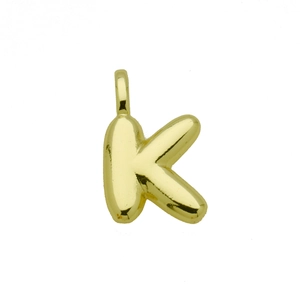 Detailed macro view of a 3D bubble style letter K pendant in polished gold metal