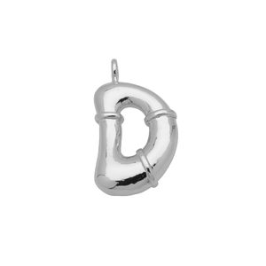 Detailed macro view of 3D bubble style metal letter D pendant with polished silver finish