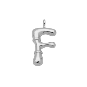 Detailed view of silver letter F pendant featuring a polished bamboo texture design