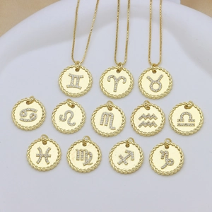 Collana con pendente 12 segni zodiacali dorati con bordo a corda e zirconi incastonati