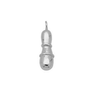 Close-up of a glossy silver bubble-style letter pendant with a smooth mirror finish