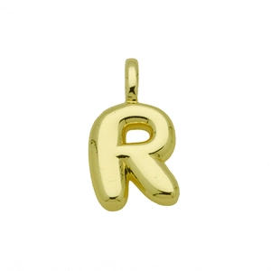 Macro view of gold 3D balloon alphabet letter R pendant with polished mirror finish