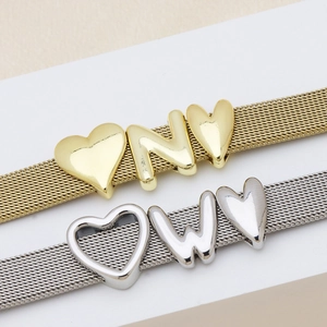 Mesh band charm bracelet with personalized initial letters and heart pendants in gold and silver