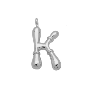 Detailed view of silver letter K pendant with polished liquid metal bubble texture