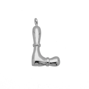 Macro detail of polished silver letter L bubble pendant with metallic luster