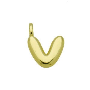 Detailed macro view of 18K gold-plated bubble letter V pendant with mirror polish finish