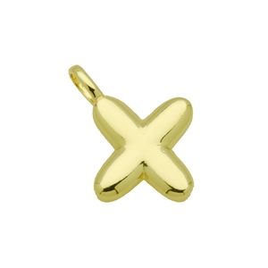 Detail of a polished golden puff bubble letter X pendant with a smooth metallic finish