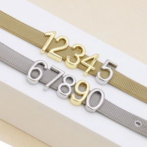 Polished Milanese mesh bracelets in gold and silver with 3D metal number charms