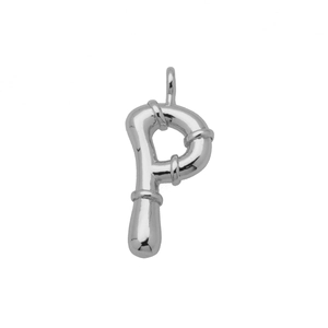 Detail of silver letter P pendant with cable texture and high-polish mirror finish