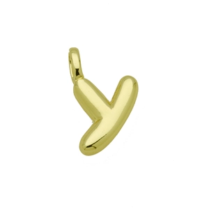 Macro view of gold 3D balloon letter Y pendant with a polished mirror finish surface
