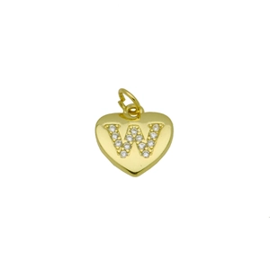 Nahaufnahme des goldenen Herzanhängers mit Zirkonia-besetztem Buchstaben W im Pavé-Stil