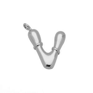Detailed macro view of high-polished silver bubble letter V pendant with bamboo texture