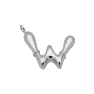 Macro shot of silver liquid metal style letter W pendant with polished mirror finish