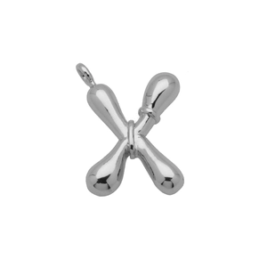 Close-up of a polished silver bubble letter X pendant with smooth liquid metal finish