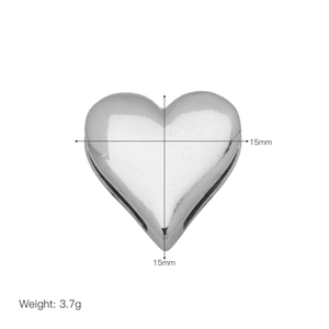 Macro detail of polished 15mm silver heart charm with exact weight and size specs