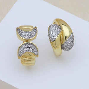 Gold-plated huggie earrings with double crescent moon design and cubic zirconia pavé