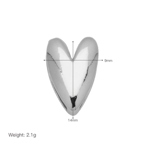 Detail view of a 9x14mm silver heart charm showing exact dimensions and 2.1g weight