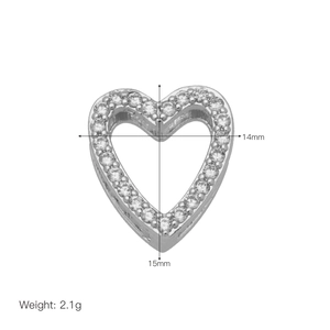 Detail view of 14x15mm silver heart pendant with shimmering rhinestones and 2.1g weight