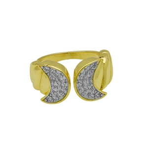 Two-tone crescent moon open ring with sparkling cubic zirconia on gold band