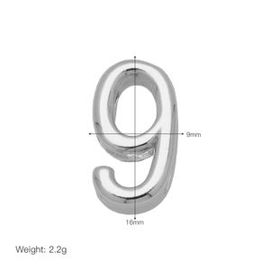 Polished silver number 9 charm detail showing 16mm height and 9mm width dimensions