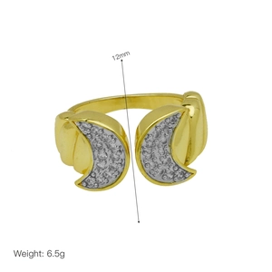 Detailed close-up showing 12mm width and 6.5g weight of the double crescent zircon ring