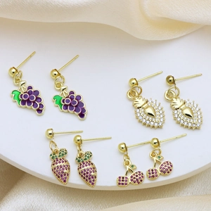 Colorful fruit hoop earrings set with crystal grapes, pineapple, cherry and carrot designs