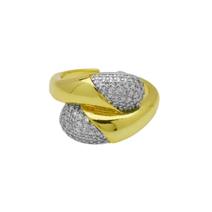 Detail of two-tone open ring with moon and Mary motif, micro-pave cubic zirconia