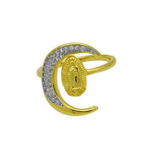 Macro detail of gold-plated crescent moon ring with Virgin Mary relief and white zircons