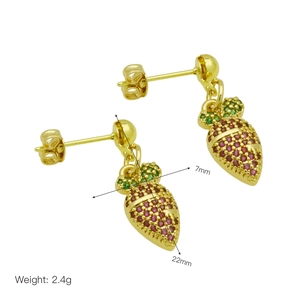 Detail view of fruit-shaped earrings with pink and green zircon stones and dimensions