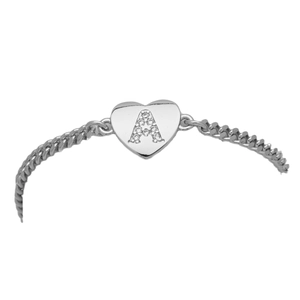 Silver Cuban chain bracelet with a heart pendant featuring a sparkling zircon letter A
