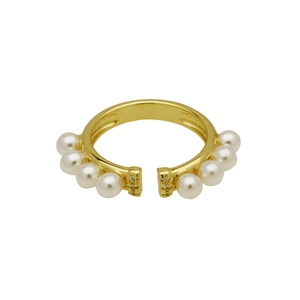 Detail view of adjustable gold ring with eight white pearls and tiny rhinestones