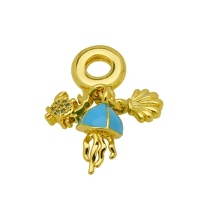 Détails des breloques dorées avec crabe en cristal bleu, méduse et coquillage
