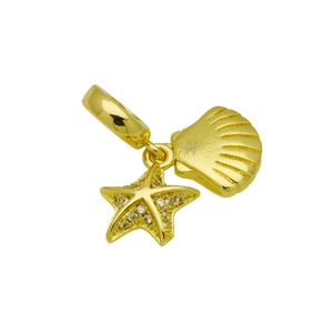 Detail of gold starfish charm with zircon stones and polished scallop shell pendant