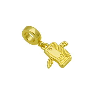 Close-up of a gold winged square pendant featuring a prominent letter S engraving