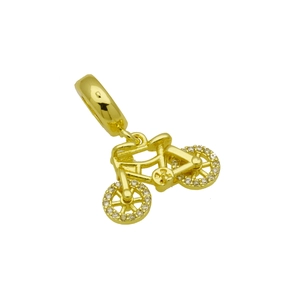 Detailed close-up of golden bicycle pendant charm with sparkling cubic zirconia wheels