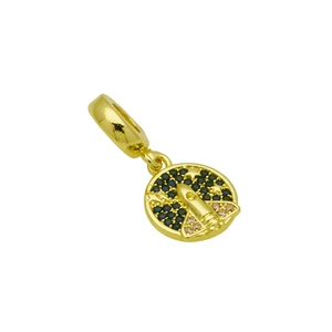 Macro detail of a golden rocket space charm with blue and pink pavé crystals