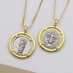 Two-tone 18k gold plated religious coin necklaces with St. Benedict relief pendants