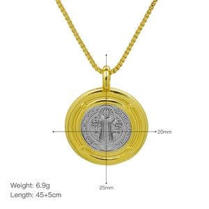 Detail of two-tone St. Benedict pendant with dimensions 20mm by 25mm on box chain