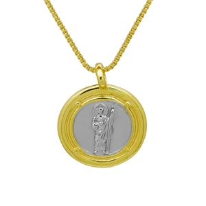 Religious saint icon pendant necklace in two-tone 18k gold plated copper with venetian chain