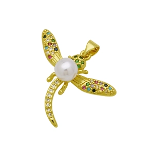 Pendentif libellule doré avec grande perle blanche et cristaux colorés