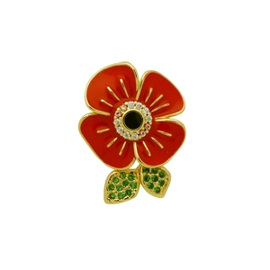 Broche fleur de coquelicot rouge en émail avec feuilles en cristaux verts étincelants
