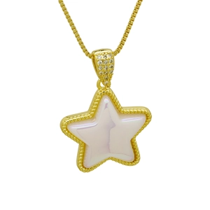Elegante collar con colgante de estrella dorada, centro irisado y enganche de cristal