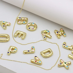 Golden balloon style A-Z alphabet pendants with colorful enamel dots and gold chain necklace