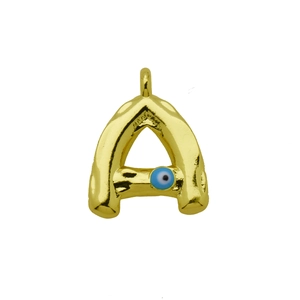 Detail of a 3D gold letter A pendant featuring a blue evil eye bead and polished metal finish