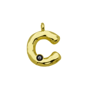 Detailed view of golden letter C pendant with irregular lava texture and evil eye charm
