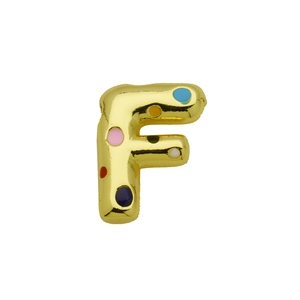 Detailed macro view of golden alphabet F pendant with vibrant colorful enamel polka dots