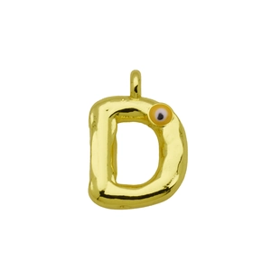 Detailed view of golden letter D pendant with evil eye and lava texture surface