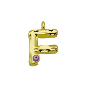 Detail of gold letter F pendant with molten lava texture and purple evil eye accent