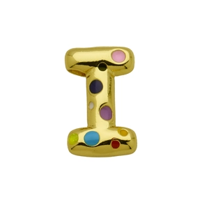 Detailed macro view of golden 3D balloon letter I pendant with colorful enamel dots
